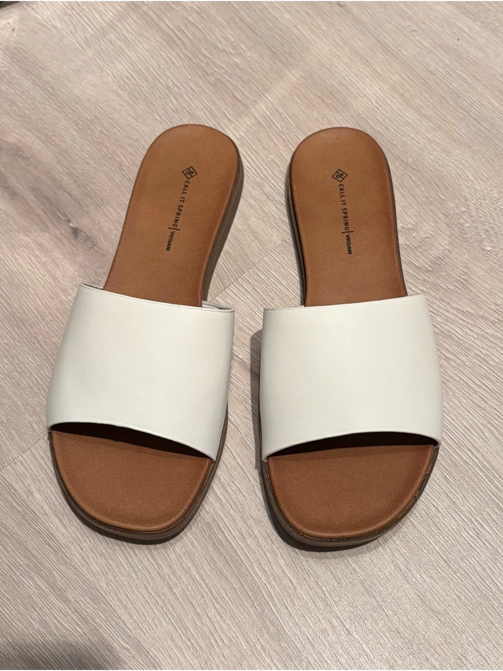 Call It Spring White Slide Sandals with Brown Footbed